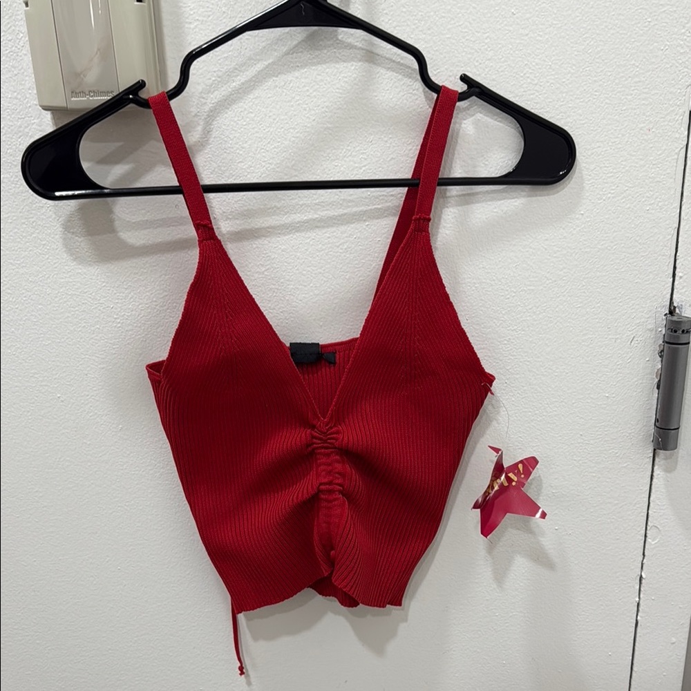 New Look Red Ruched Tie Front Crop Tank Top